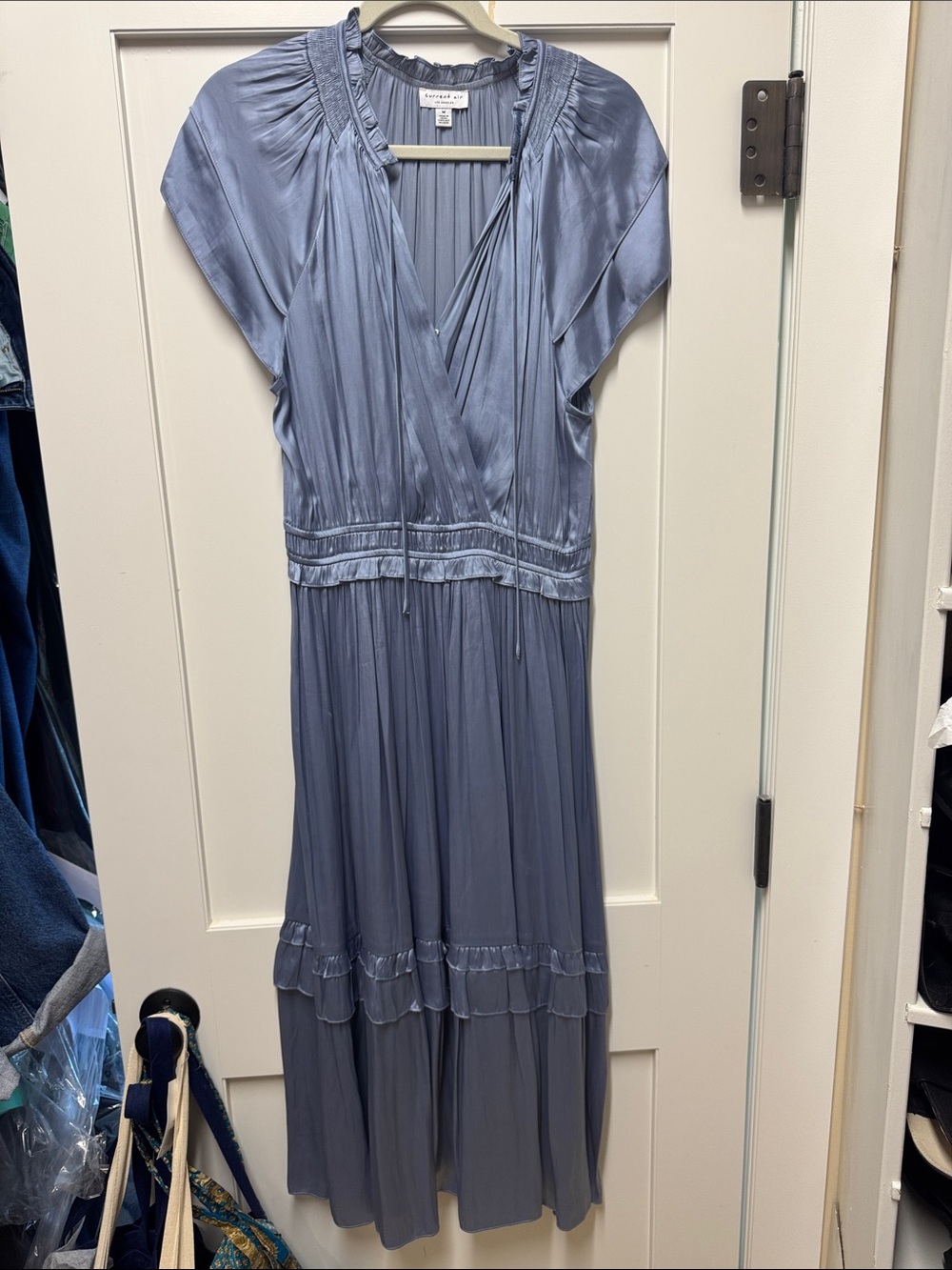 Current Air Dusty Blue Satin Maxi Dress with Ruffle Trim
